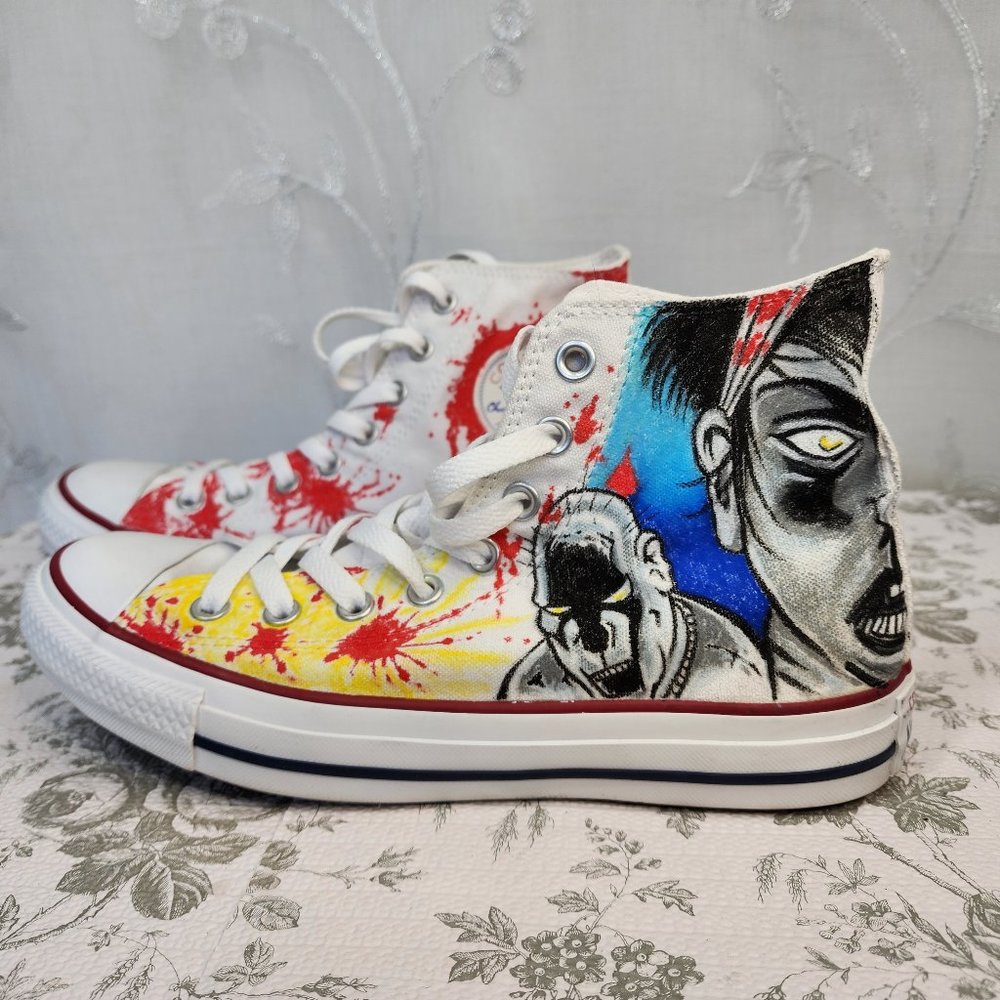 Custom Painted Zombie Hunter/Splatter Hi-Top Converse All-Stars Unisex W9/M7 - Picture 2 of 12